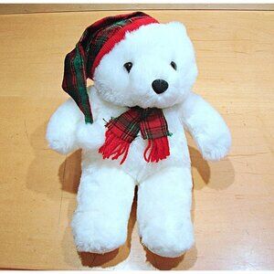 Vintage MTY International Christmas Holiday Bear White Plush Stuffed Plaid Decor